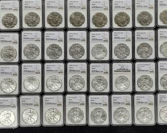 Full run of graded U.S. silver eagles (silver dollars) all MS 69 and 70