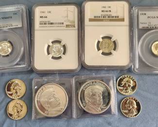 Graded Mercury silver dimes and Trump silver coins 