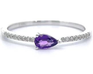 0.28 Carat Natural Amethyst & Pavé Diamond Stacking Ring in 14k White Gold