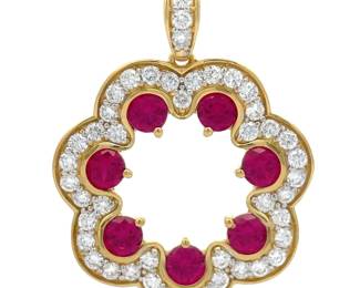 1.35 Carat Diamond & Ruby Open Flower Wreath Halo Pendant