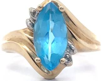 Natural Blue Topaz & Diamond Scalloped Bypass Ring in Yellow Gold 