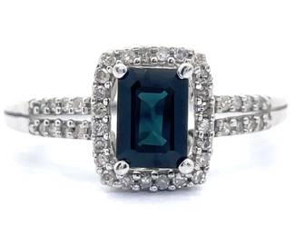 1 Carat Natural Blue Sapphire & Natural Diamond Halo Split Shank Cathedral Ring in 14k White Gold