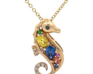 0.71 Carat Multi-Sapphire & Natural Diamond Seahorse Pendant Necklace in 14k Gold