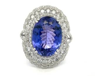 Oscar Friedman 14.90 Carat Natural Tanzanite & Natural Diamond Ring in Platinum