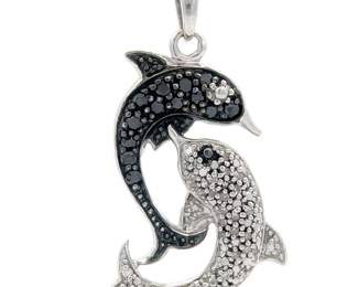 Estate Pavé Natural Fancy Black & White Diamond Jumping Dolphin Pendant Necklace