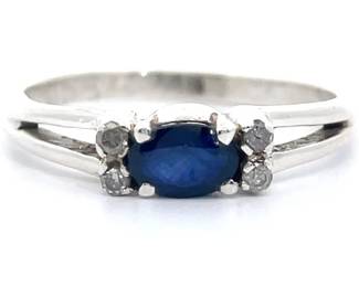East-West Natural Blue Sapphire & Natural Diamond Split Shoulder Shank Ring