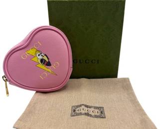 Gucci Pink Leather GG Lightning Cat Heart Coin Case + Box