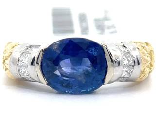 3.94 Carat Natural Sapphire & Natural Diamond Ring in Platinum & 18K Gold