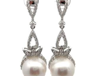 3.20 Carat South Sea Pearl & Natural Diamond Earrings in 14K White Gold