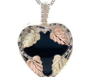 Black Hills Gold & Onyx Heart Pendant with Sterling Silver Chain