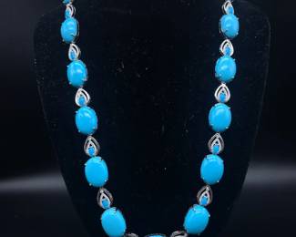Oscar Friedman 107.47 Carat Natural Turquoise & Natural Diamond Necklace in 14K White Gold