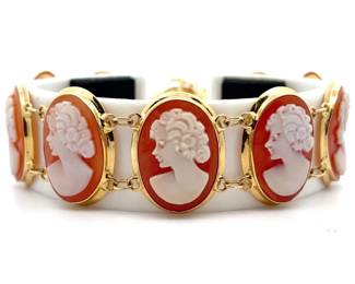 Estate Oval Cameo Portrait White Bangle Cuff Bracelet in 14k Yellow Gold