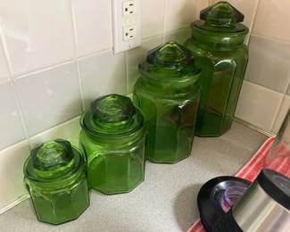 L E Smith green glass canister set