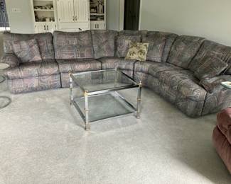 Five piece sectional, chrome and brass coffee table