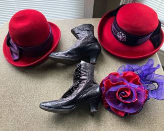 Red hats, late nineteenth century black leather boots