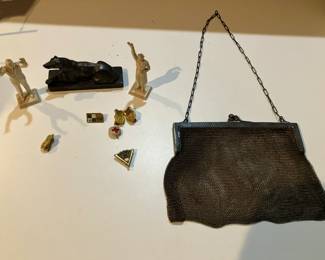 Silver mesh hand bag, pinbacks