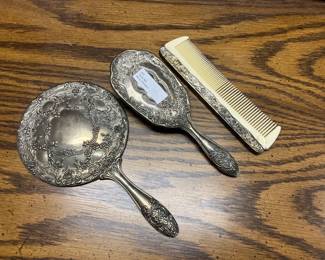 Antique silver mirror, brush, and comb set