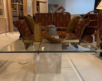 Artedi Travertine & Brass With Glass Top Coffee Table