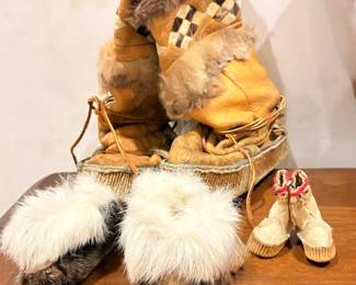 Vintage Alaskan Inuit-Style Fur/Leather Boots & Mini Fur Moccasins