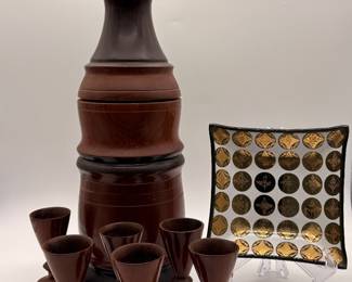 Wood Decanter with goblets; MCM ashtray