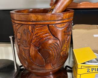 vintage large solid wood carved mortal & pestle