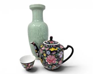 78 LargeAsianCeladonVaseFloralPorcelainTeapotCup