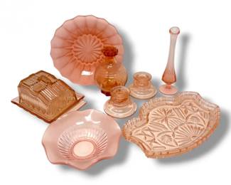 93 VintagePinkDepressionGlassCollectionBowlsTrayButterDish