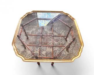 79 VintageGlassTopCoffeeTablewBrassTrimWoodBase