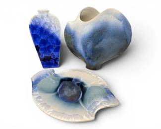 9 UniqueStudioPotteryTrioVasePlateWallBudVaseSigned