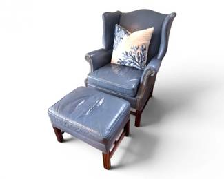 40 CenturyBlueLeatherWingbackChairwNailheadTrimOttoman