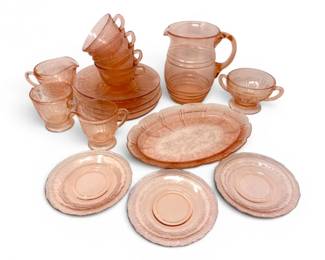 94 PinkDepressionTeaSetFederalNormandieStylewPitcherPlates