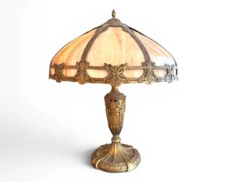 33 ArtNouveauStyleSlagGlassTableLampwOrnateBase