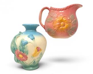 20 VintageHullPotterySunglowPitcherBlueBowKnotVase