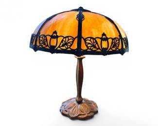 91 AntiqueSlagGlassTableLampwCastMetalBaseLarge
