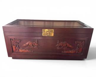 63 CarvedWoodCedarChestwAsianSceneBrassLatch