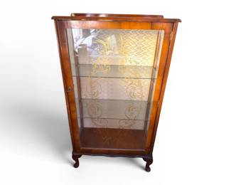 71 AntiqueCurioCabinetwGoldEtchedGlassDoorWoodDisplayCase
