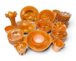 102 VintageAnchorHockingFireKingPeachLustreGlassDishSetVase