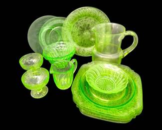 74 UraniumGreenDepressionGlassPlatesBowlsPitcherCreamer