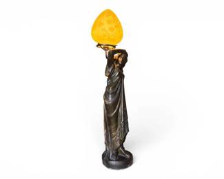 13 ArtDecoStyleFiguralWomanLampwYellowGlassFloralShade