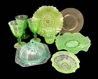 77 MixedUraniumDepressionGlassGreenYellowTealPlatesBowls