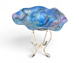 111 BlownGlassBirdBathBowlwVintageMetalStand