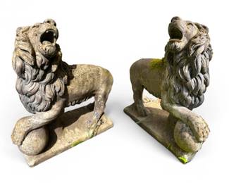 116 PairofLargeHeavyCementLionGardenStatues