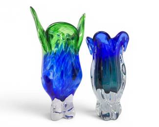 31 HandBlownSculpturalArtGlassVaseswBlueGreenSwirl