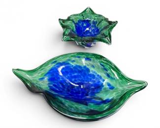 42 HandBlownArtGlassBowlsFreeformwBlueGreenSwirl