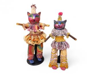 16 Setof2WhimsicalCatArtDollsMountedonDisplayStands
