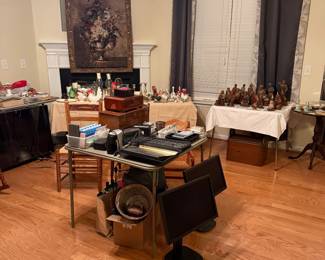 Office items, Tom Clark gnomes, vintage dishes