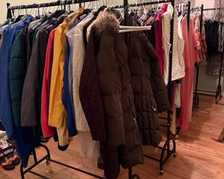 Women’s clothing- coats, pants, sweaters, blouses, scarves, lingerie wear