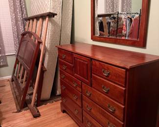 Queen bedroom suite to include bed, dresser, mirror, tall boy and nightstand