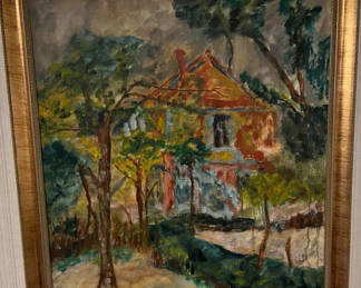 Lot 175: Framed landscape painting of a house among trees