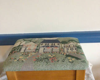 Lot 72: Storage ottoman with tapestry upholstery and wooden legs